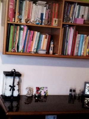 Wooden desk with glass and three drawers and bookshelf set like new