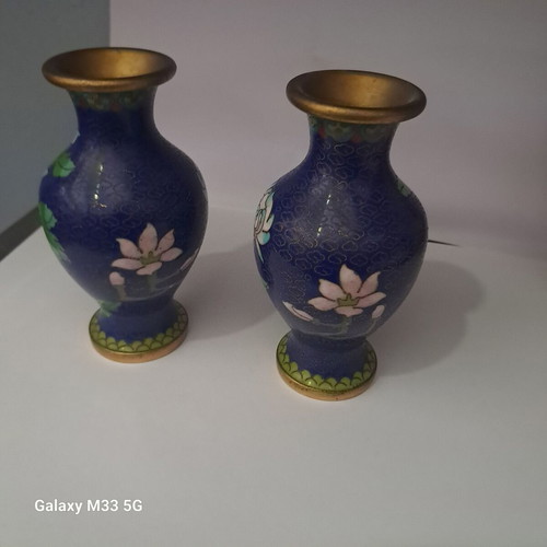 Pair of vintage cloisonné vases with floral design