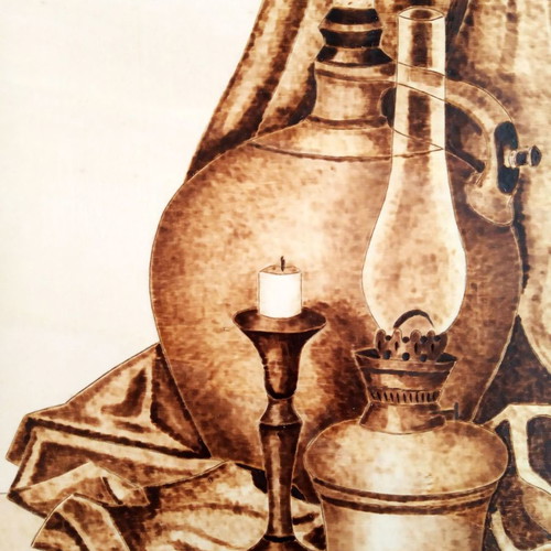 Still life pyrography painting on poplar wood by Triantafyllos Xanthopoulos