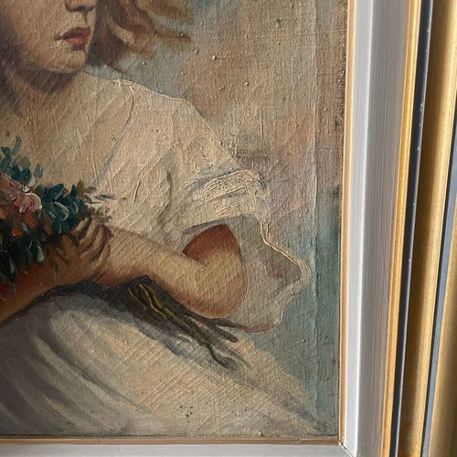 Canvas painting girl with flowers used, very old