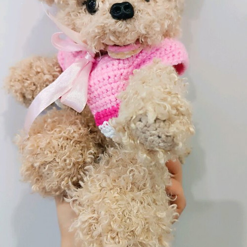 Handmade knitted puppy new with movable joints and pink or red blouse