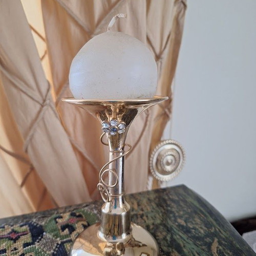 Metal Gold Plated Candleholder 24k with Flower Design and Crystals like new