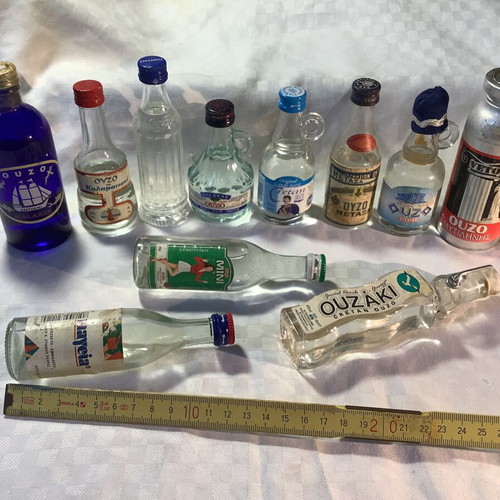 Ouzo used, set of 11 different miniatures from all over Greece