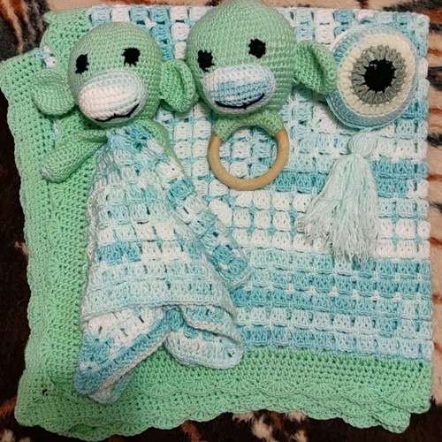 Knitted baby layette set made to order with blanket and rattle