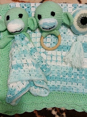 Knitted baby layette set made to order with blanket and rattle