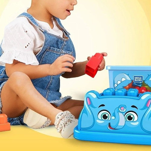 Fisher Price Mega Bloks Elephant Bucket like new with 25 blocks