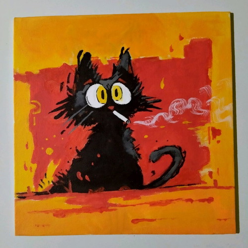 Canvas painting with cat motif new, acrylic 20×20 cm