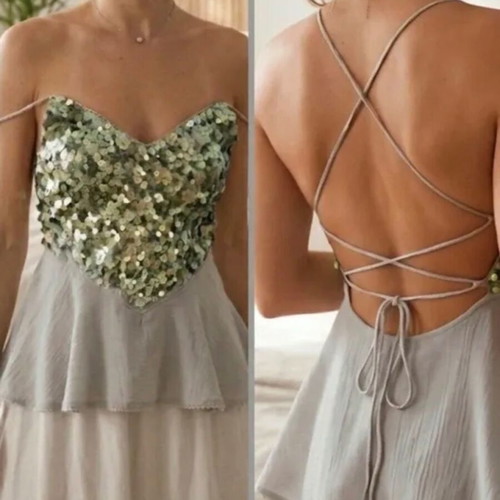 Sequin top with open back, new, green, size S