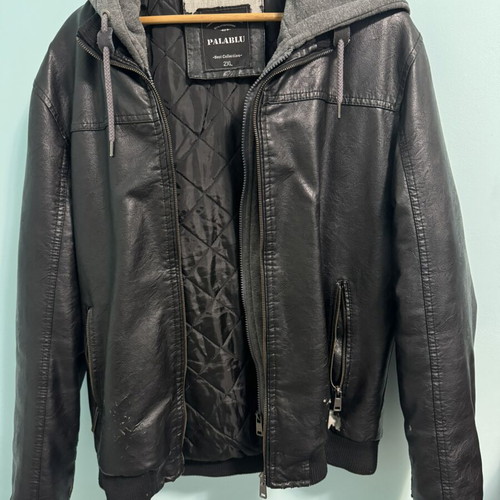 Men's Palablu Biker Style Faux Leather Jacket 2XL used, with hood