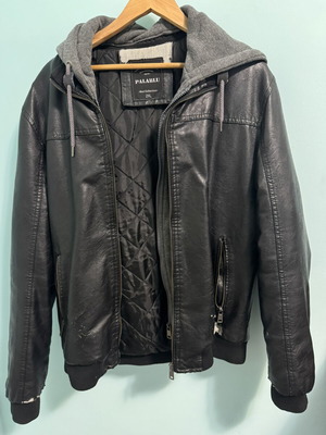 Men's Palablu Biker Style Faux Leather Jacket 2XL used, with hood