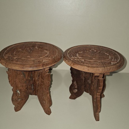 Wooden carved tables set of 2 used with folding legs