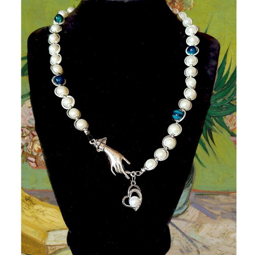 Handmade necklace with white pearls, blue tiger eye and metal elements new