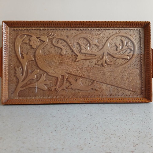 Woodcarved tray with peacock design like new