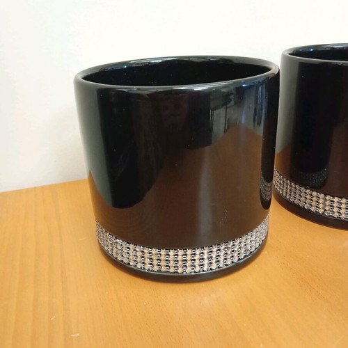 Black flower pots with rhinestones new, set of 2
