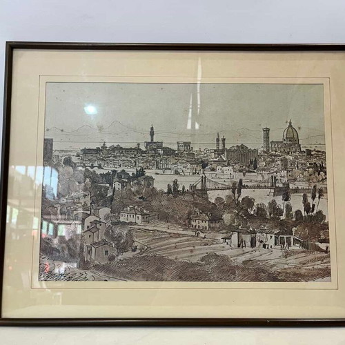 Vintage wall print panoramic view of Italy used 45.5x59.5 cm