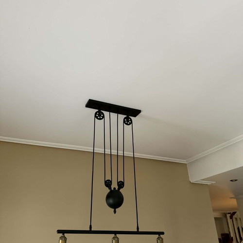 Ceiling light with pulleys and counterweight, like new, adjustable height