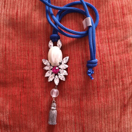 Statement necklace with blue cord, crystals & metal tassel, new