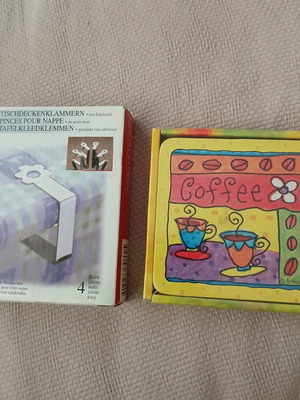 Artmark coasters and stainless steel tablecloth clips new