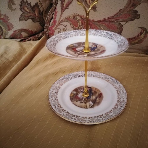 Two-tier English porcelain serving platter with gold floral trim