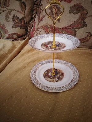 Two-tier English porcelain serving platter with gold floral trim