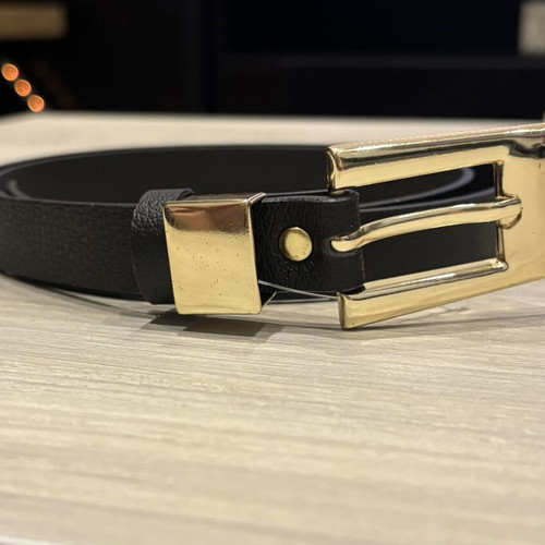Unisex Slim Black Belt with Gold Buckle, New