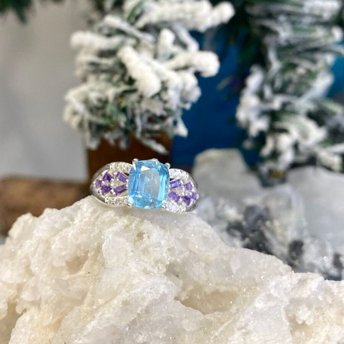Handmade silver ring with natural aquamarine, amethyst and moissanite