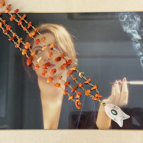 Handmade necklace with coral, copper