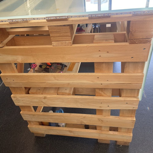 Wooden reception desk with removable top and bench set