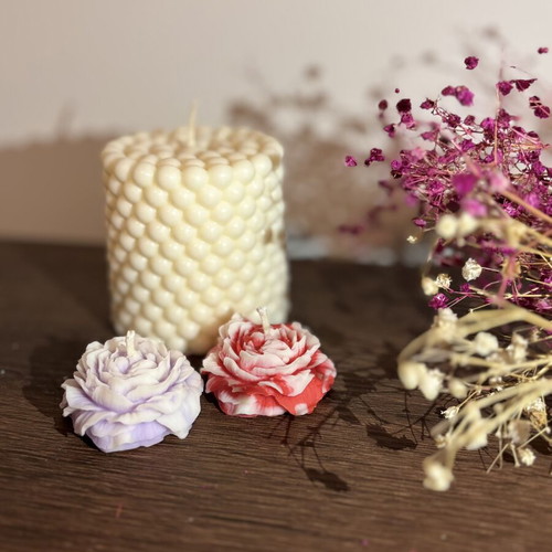 Set of 3 Handmade Candles New, Bubble Pillar and Rose Flower