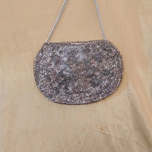 Women’s evening bag silver hand-held like new with beads and sequins
