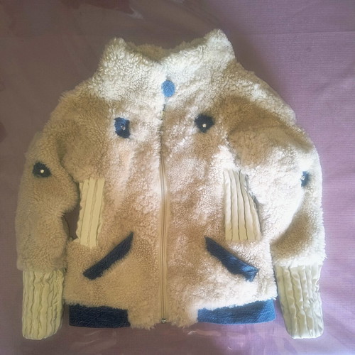 Children's mouton fur jacket new, leather and denim, ages 2 to 4, beige