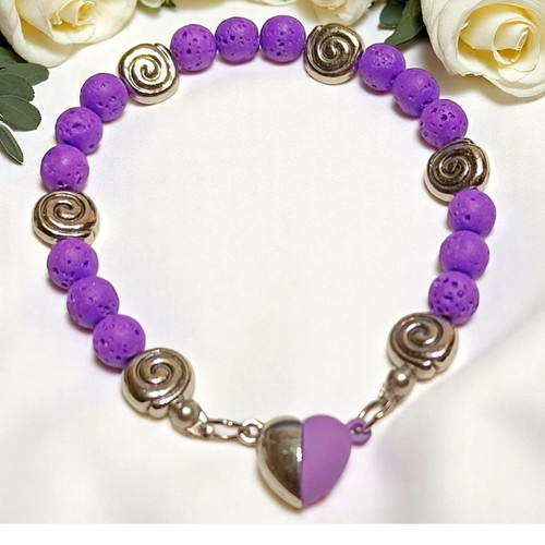 Handmade bracelet with purple lava semi-precious stone and magnetic heart clasp new