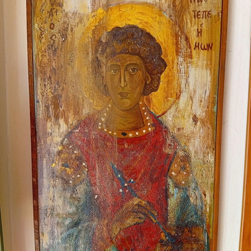 Saint Panteleimon Modern Icon with Sand and Gold Leaf, Like New, 40x70 cm