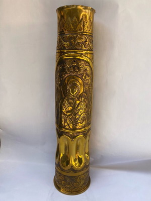 Carved chalice new with Virgin Mary, Jesus and Saint George