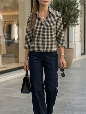 Badila checked shirt with 3/4 sleeves, size S, like new, beige and blue