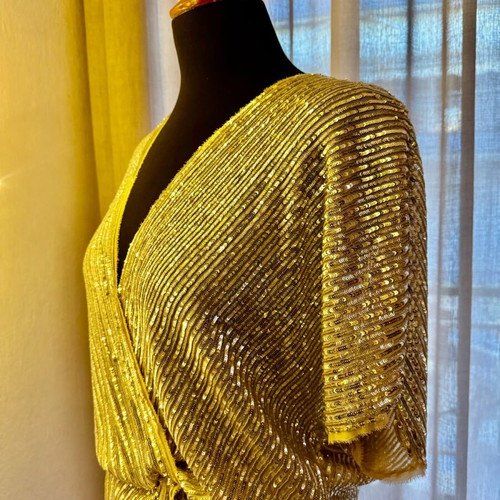 L.A. Dolls gold evening dress new, medium size with elastic waist