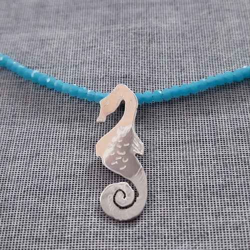 Seahorse pendant necklace silver 925 with turquoise crystals, handmade