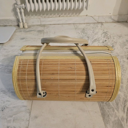 Soft wooden handbag with fabric beige like new