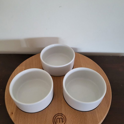 Masterchef collector's tray with 3 porcelain bowls and wood disk new