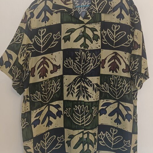 Vintage 100% silk unisex shirt with retro floral block print, size L
