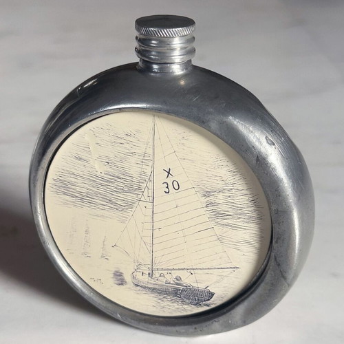 IBW Sheffield pewter flask used with nautical scene 1970s