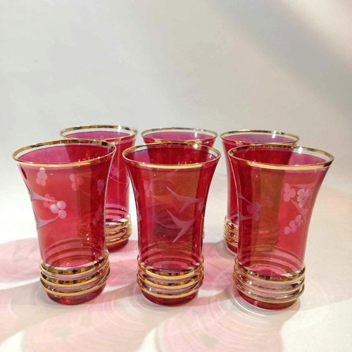 Old glasses set of six red with carved designs and gold finishes
