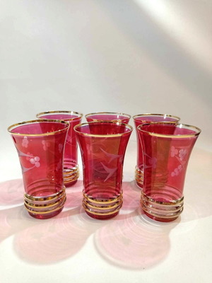 Old glasses set of six red with carved designs and gold finishes