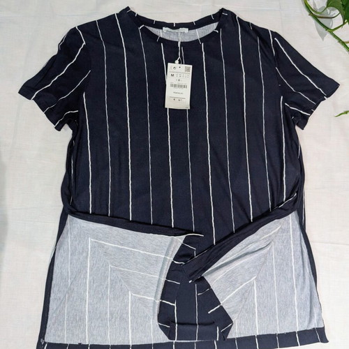 Zara Trafaluc Striped T-Shirt Size M New Navy Blue