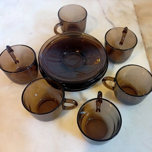 Vereco France Coffee Cup Set vintage 1960-1970 like new, smoked brown