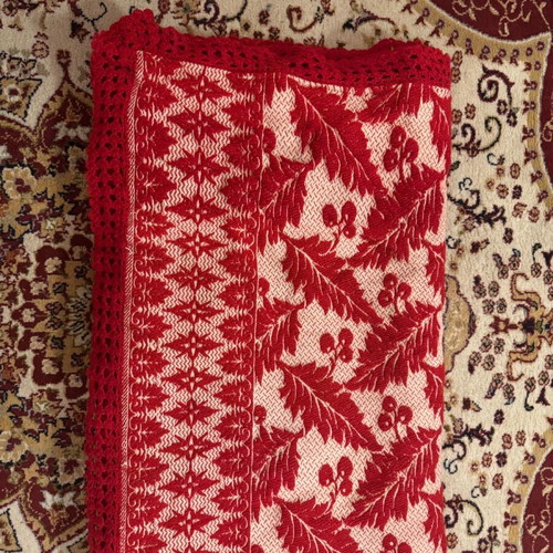 Wool woven throw like new, red with handmade lace edging