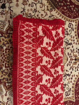 Wool woven throw like new, red with handmade lace edging