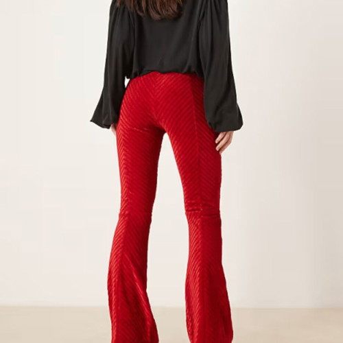 Free People Retro 70s Boho Penny Pull-On Velvet Flare Pants, red corduroy, small