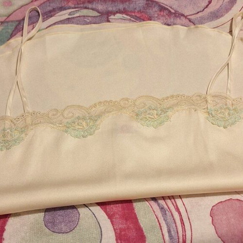 Retro baby doll with delicate lace and embroidered floral details, cream satin, size L, like new