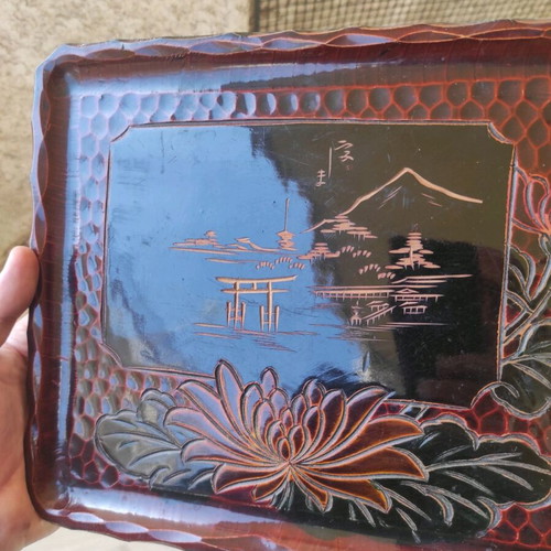 Japanese 1970s Lacquerware Carved Wooden Tray Red/Black 33x23cm like new